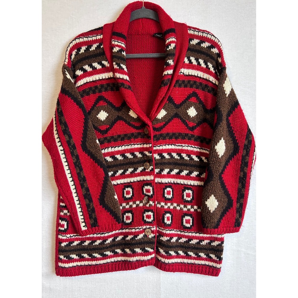 Vintage Geometric Pattern Knit Cardigan Sweater Red Brown White Women SZ S/M